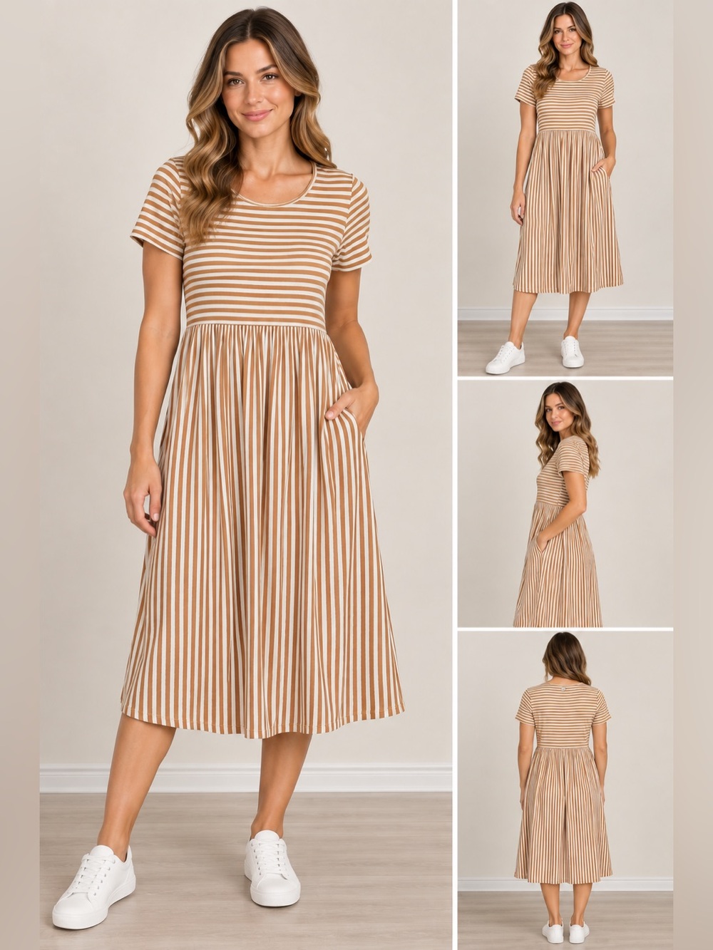 Emery Rose Tan & White Striped Midi Dress - Medium